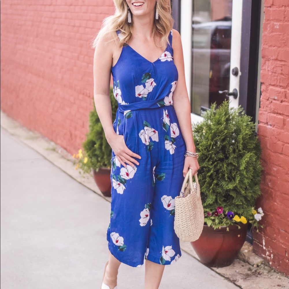 Blue Floral Cropped Jumpsuit